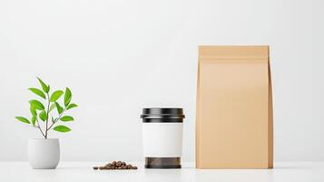A white coffee cup and a brown paper bag are on a table next to a potted plant photo