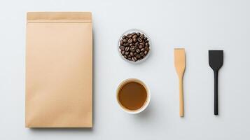 A brown bag with a white cup of coffee and a wooden spoon photo