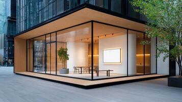 A large glass building with a white board on the wall photo