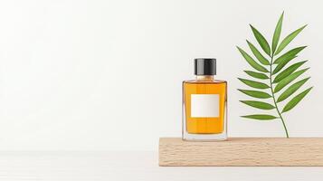 A bottle of perfume is displayed on a wooden shelf next to a leaf photo