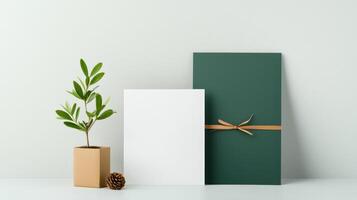 A white box with a green plant and a brown ribbon on it photo