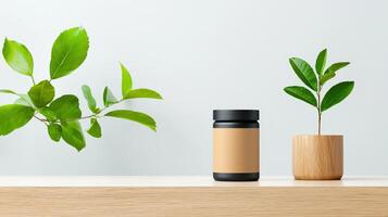 A jar of something is on a shelf next to a plant photo