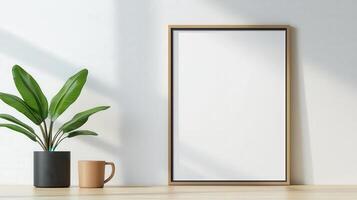Minimalist Setup A white framed picture sits on a table next to a potted plant photo