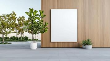 A white wall with a large white poster and a potted plant in front of it photo