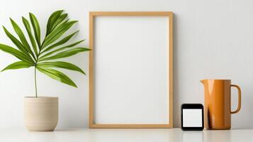 A white framed picture sits on a table next to a potted plant and a coffee pot photo