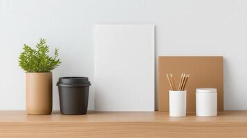 A white board sits on a shelf with a few other items photo