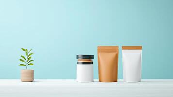 A white and brown bag sits on a table next to a potted plant photo