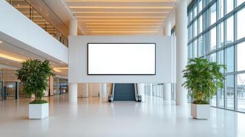 A large white sign hangs in the middle of a large, empty room photo