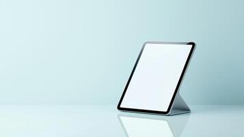 A tablet is sitting on a table with a blue background photo