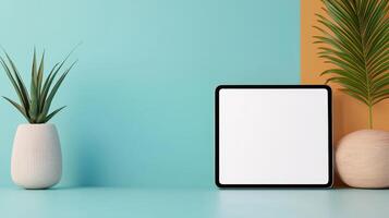 A tablet is on a table next to a plant photo