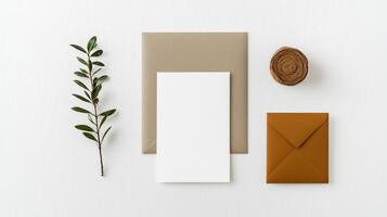 A white card with a leaf on it is on a table with a brown envelope photo