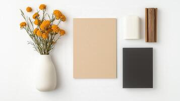 A white vase with orange flowers sits on a white background photo
