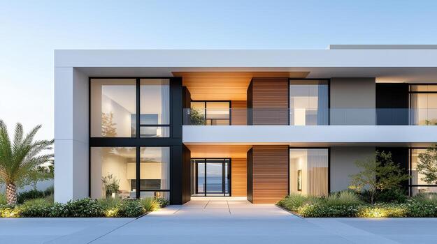 A large white house with a large front door and a balcony photo