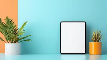 A white frame sits on a blue wall next to a plant and a vase photo