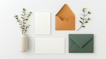A white envelope sits on a table next to a vase of green leaves photo