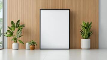A white framed picture sits in front of a wall of wood photo