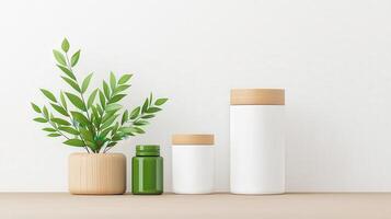 Three white containers with green lids sit on a wooden shelf photo