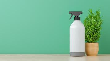 A white spray bottle sits on a table next to a potted plant photo