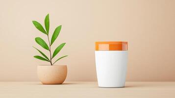 A white container with an orange lid sits on a table next to a potted plant photo