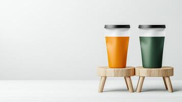 Two cups of orange and green juice on a wooden table photo