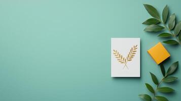 A white card with a gold leaf design sits on a green background photo