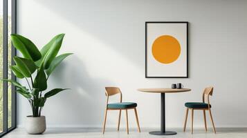 A white room with a large potted plant and a framed picture of an orange circle photo