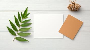 A white card with a leaf on it sits on a wooden table photo