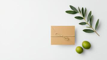 A brown box with a string tied to it is on a white background photo