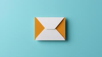 A white envelope with a yellow border sits on a blue wall photo