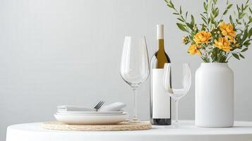 A table with a white plate, wine glasses, and a vase of flowers photo