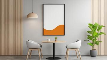 A white and orange framed picture hangs on a wall in a room with a table photo