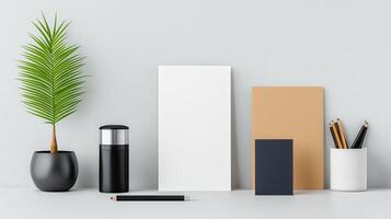 A white piece of paper sits on a table next to a black pen and a pencil photo