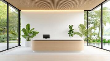 A large wooden desk with a plant on it sits in a room with a view of a lake photo