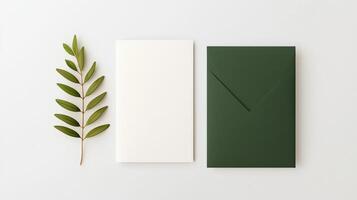 A green envelope sits on a white background with a leaf next to it photo