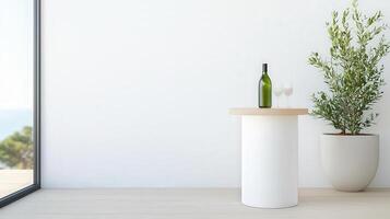 A white table with a green bottle and two wine glasses on it photo