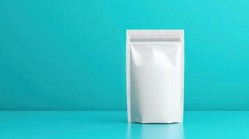 A white bag with a red stripe sits on a blue table photo