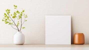 A white frame sits on a shelf next to a vase and a brown vase photo