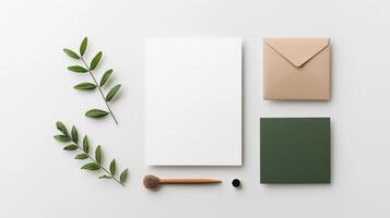 A white envelope sits on a table next to a green envelope and a pen photo