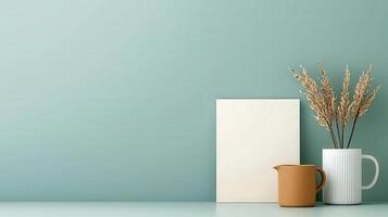 A white vase with brown flowers sits on a table next to a white frame photo
