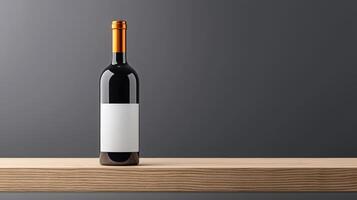 A bottle of wine is sitting on a wooden shelf photo