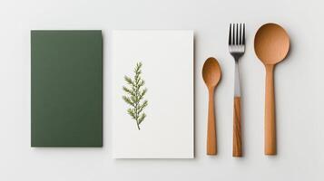 A green book with a leaf on it sits on a white background photo