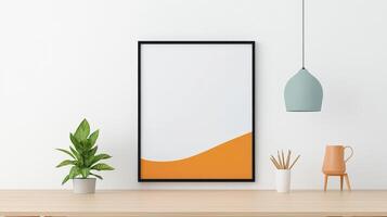 A white framed picture with a green plant in front of it photo
