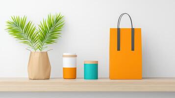 A shelf with a plant, a bag, and two containers photo