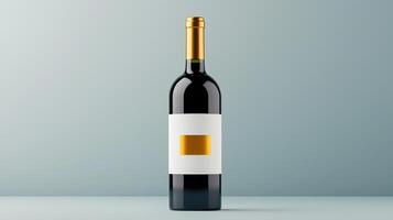 A bottle of wine with a gold label and a white label photo