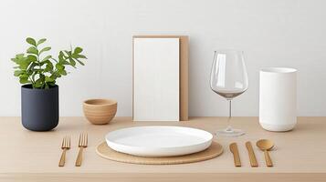 A table with a white plate, a fork, a spoon, a bowl, a wine glass photo