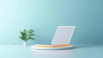 A laptop is placed on a white pedestal in front of a plant photo