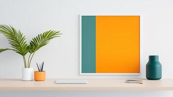 A white wall with a green and orange framed picture and a green vase photo