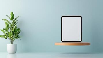 A white box is on a shelf in front of a green plant photo