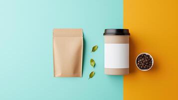 A coffee cup and a bag of coffee beans are displayed on a blue photo