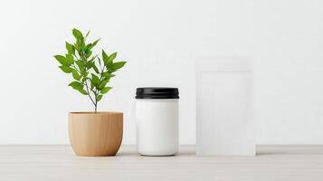 A white jar with a black lid sits on a wooden table next to a potted plant photo